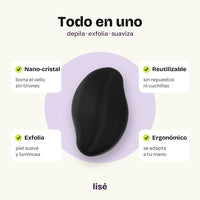 Beneficios de Lisé: nano-cristal, exfolia, reutilizable, ergonómico