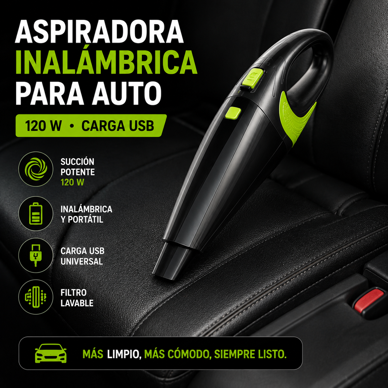 Aspiradora Inalámbrica para Auto 120W – Recargable USB