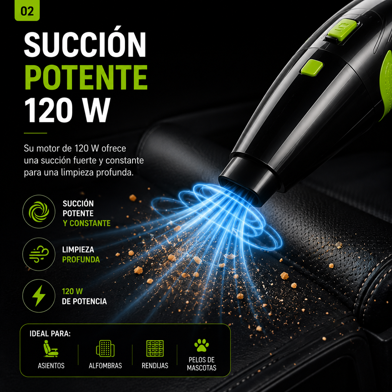Aspiradora Inalámbrica para Auto 120W – Recargable USB