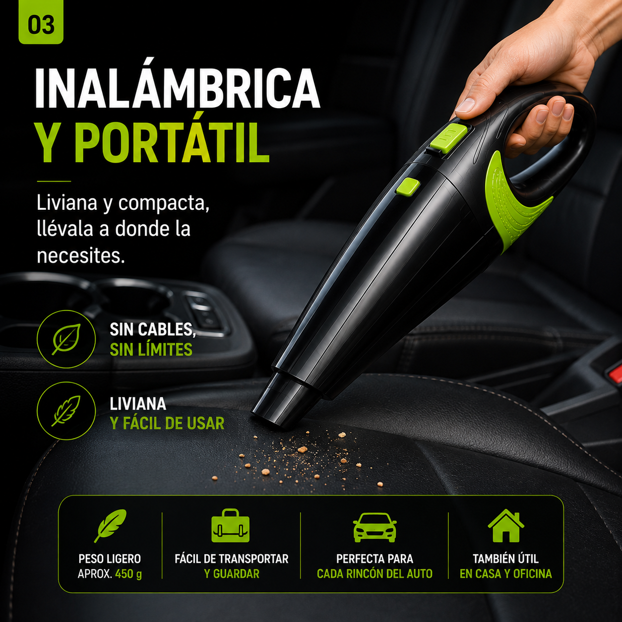 Aspiradora Inalámbrica para Auto 120W – Recargable USB