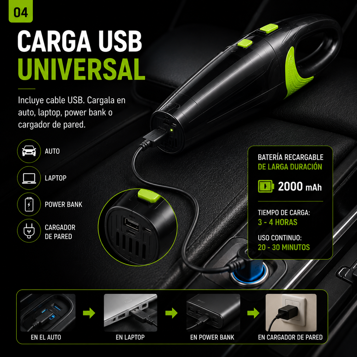 Aspiradora Inalámbrica para Auto 120W – Recargable USB