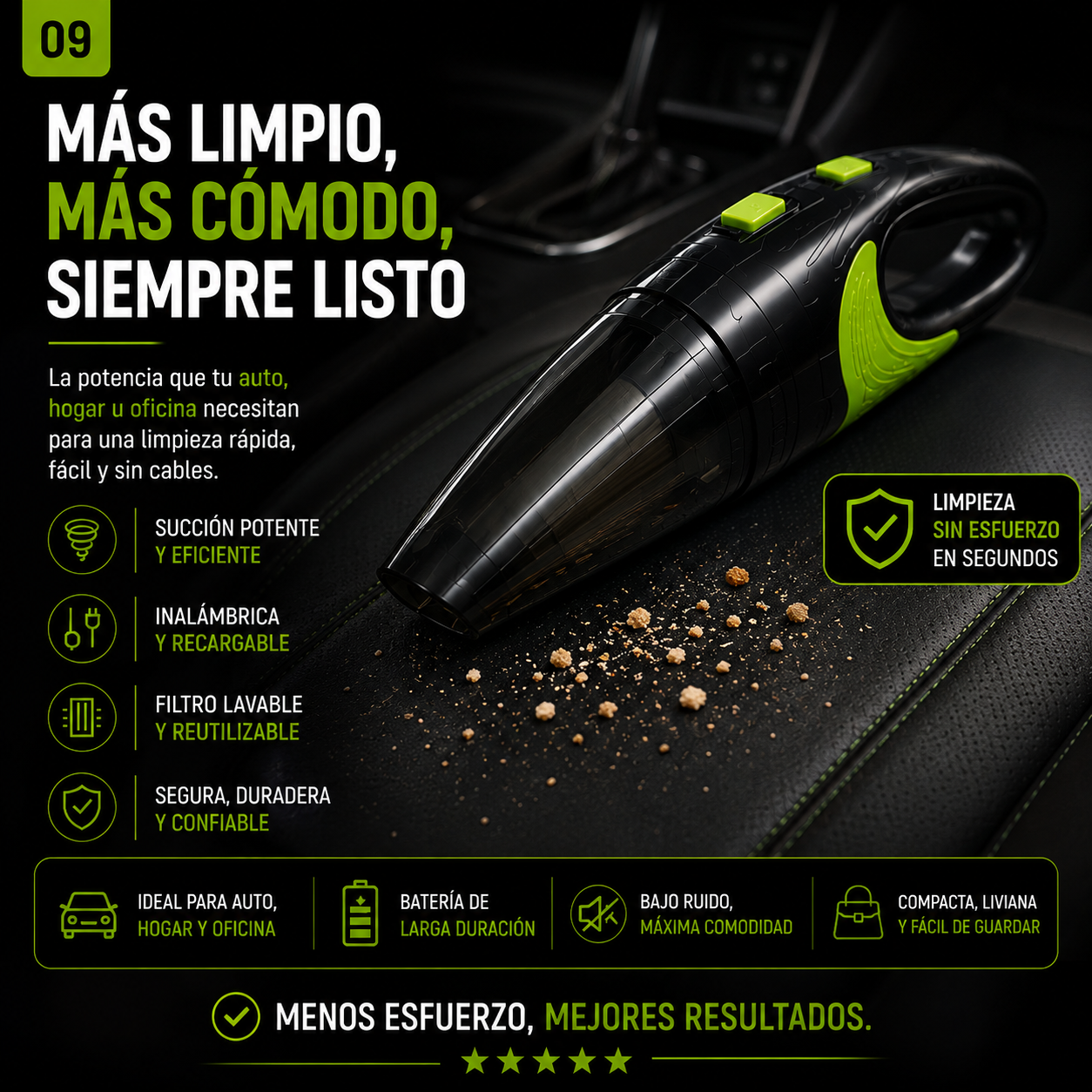 Aspiradora Inalámbrica para Auto 120W – Recargable USB