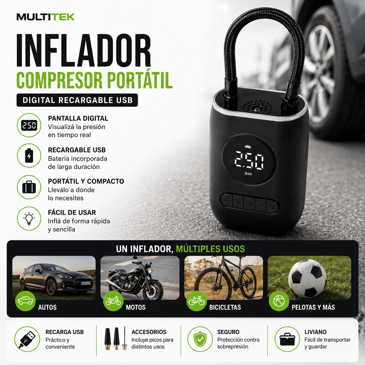 Inflador Compresor Portátil Digital Recargable USB
