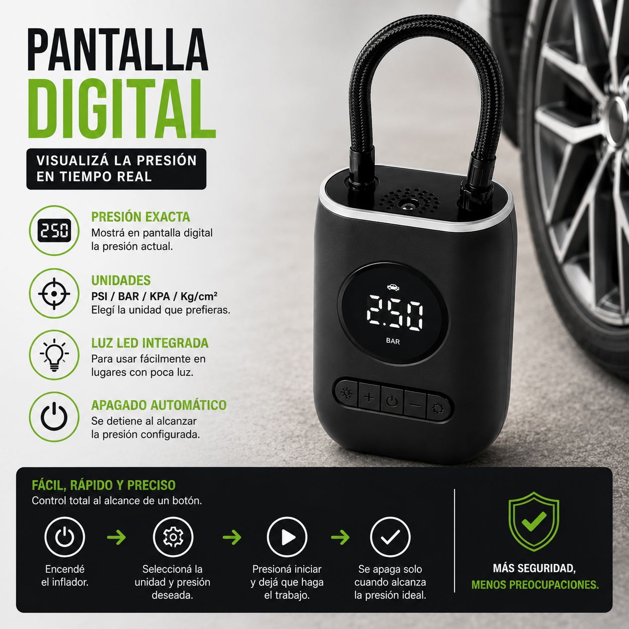 Inflador Compresor Portátil Digital Recargable USB