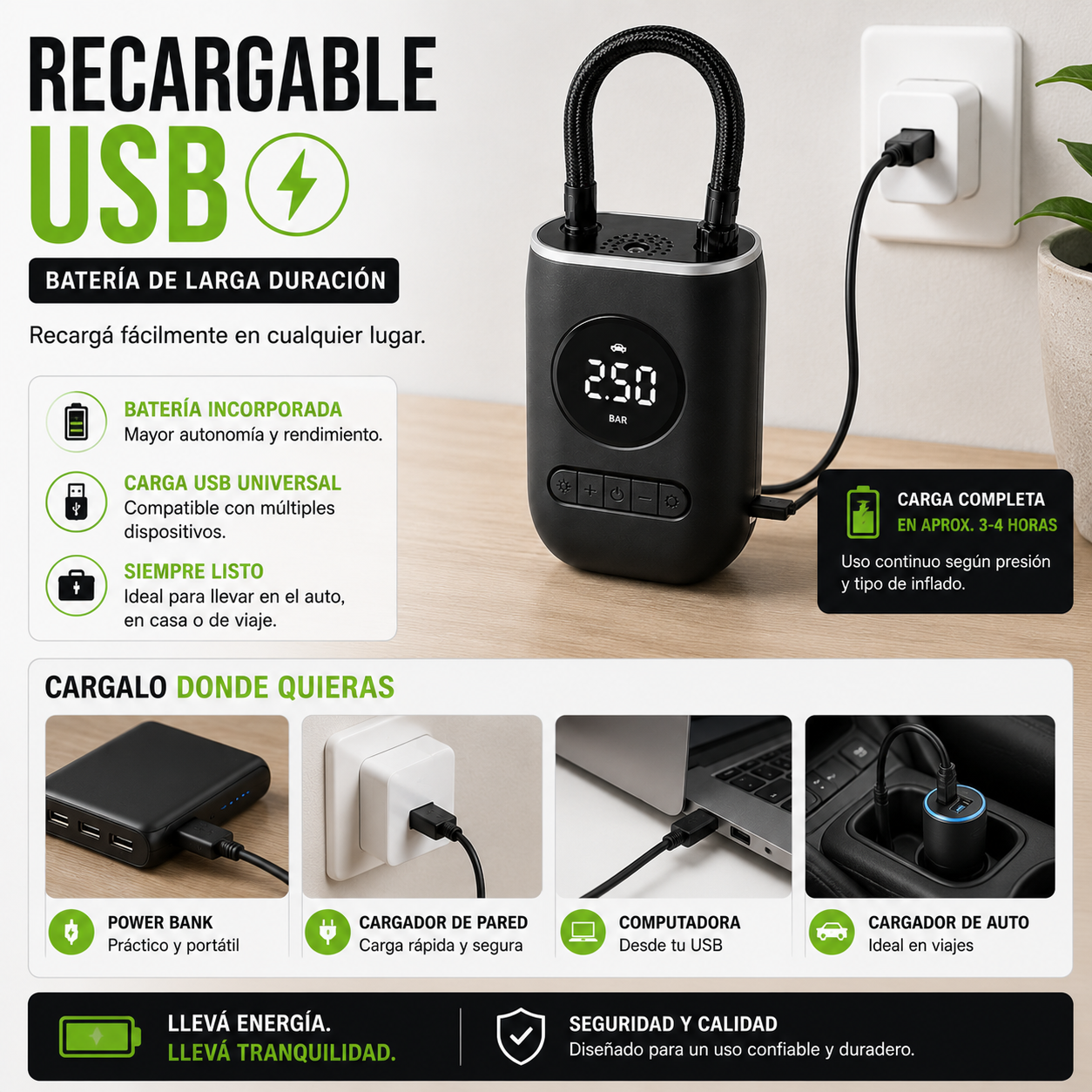 Inflador Compresor Portátil Digital Recargable USB