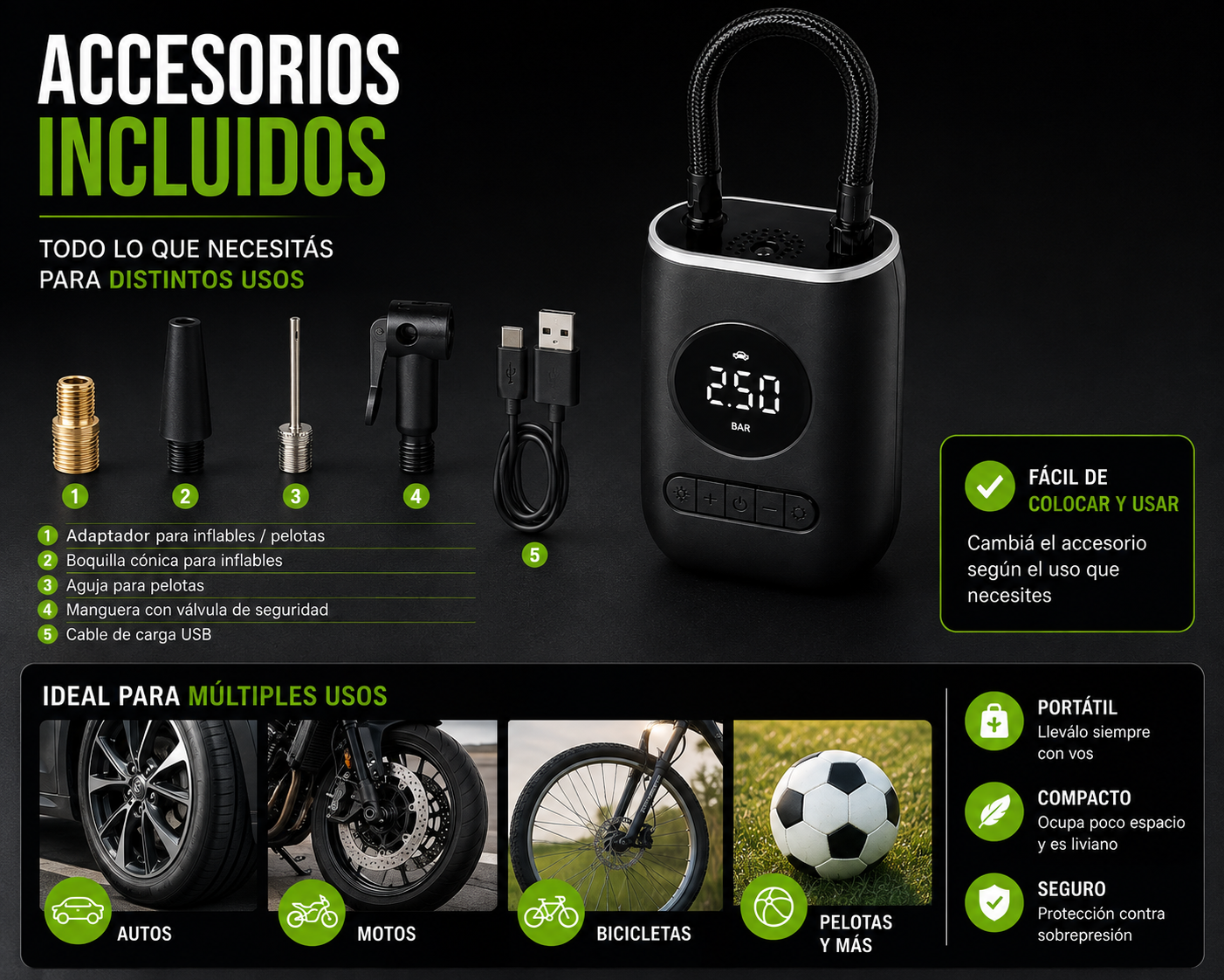 Inflador Compresor Portátil Digital Recargable USB