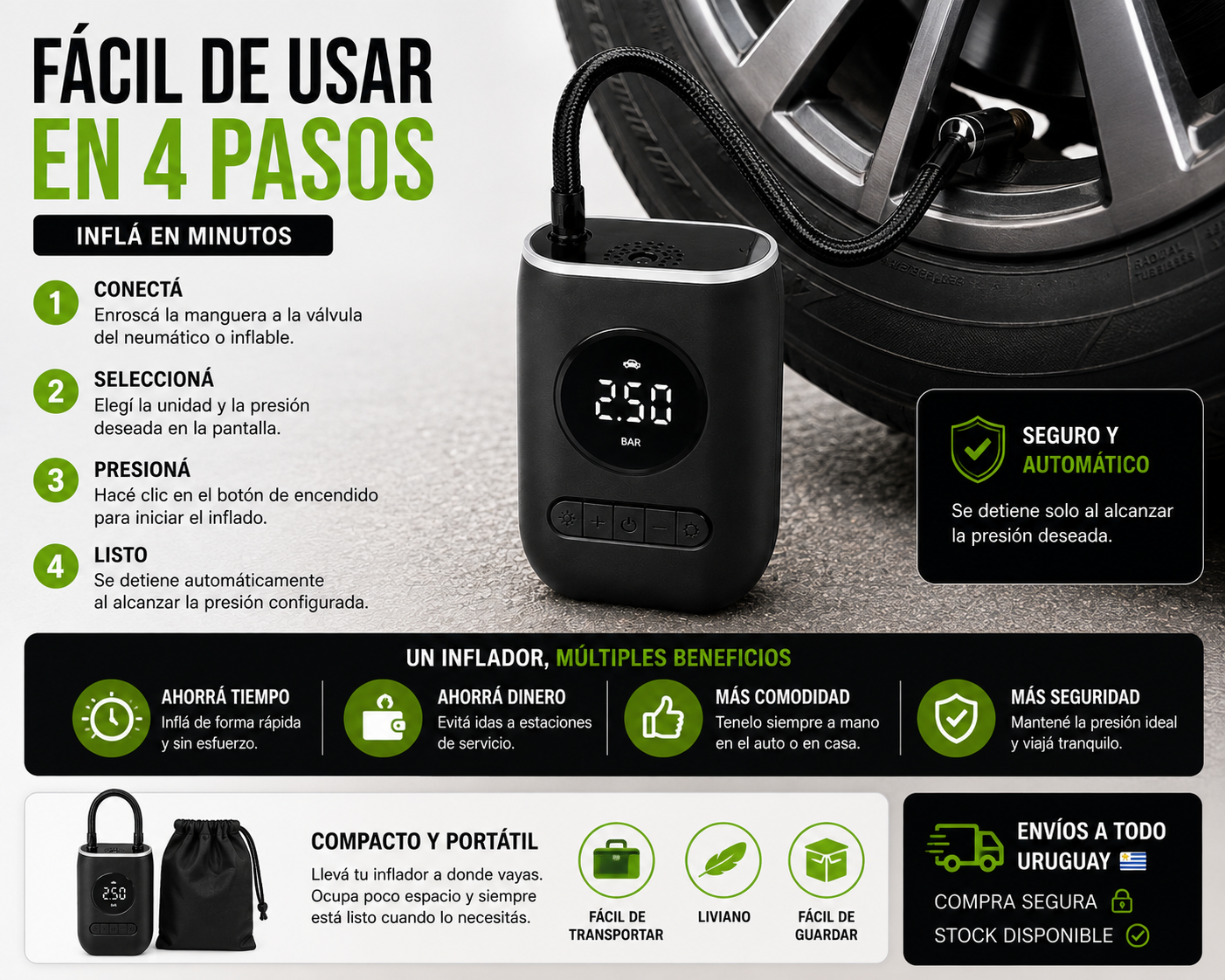 Inflador Compresor Portátil Digital Recargable USB