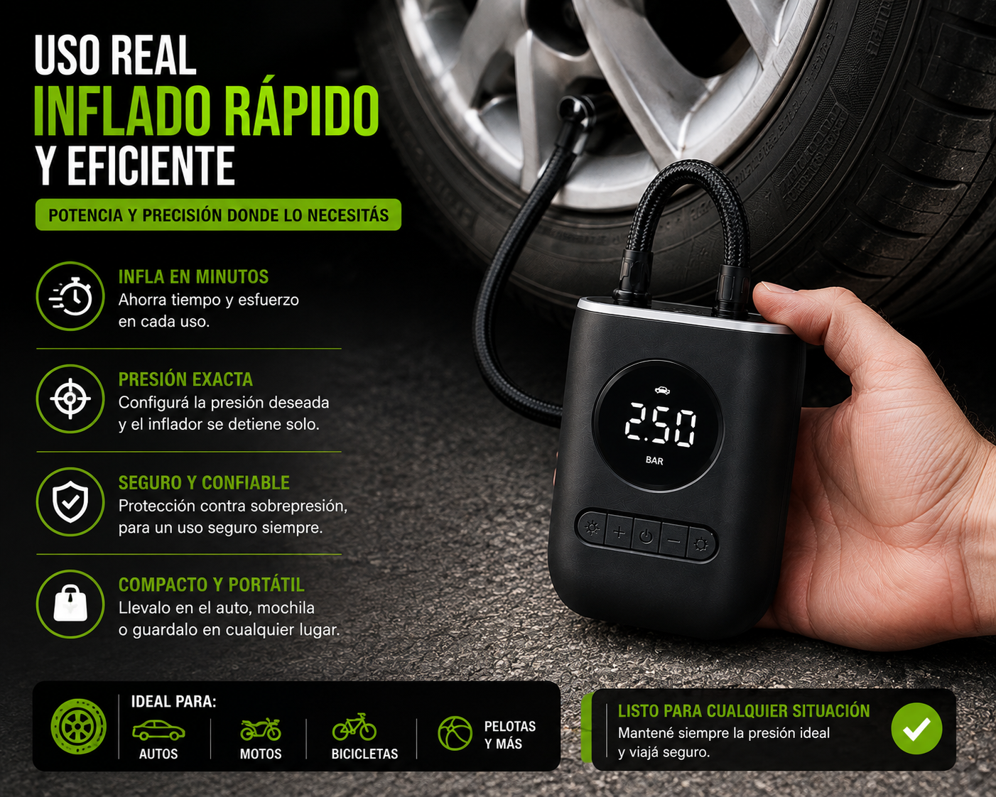Inflador Compresor Portátil Digital Recargable USB